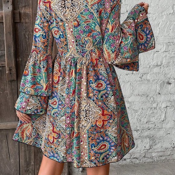 Multicolor Boho Women's Floral Print V-Neck Dress - Picture 3 of 5